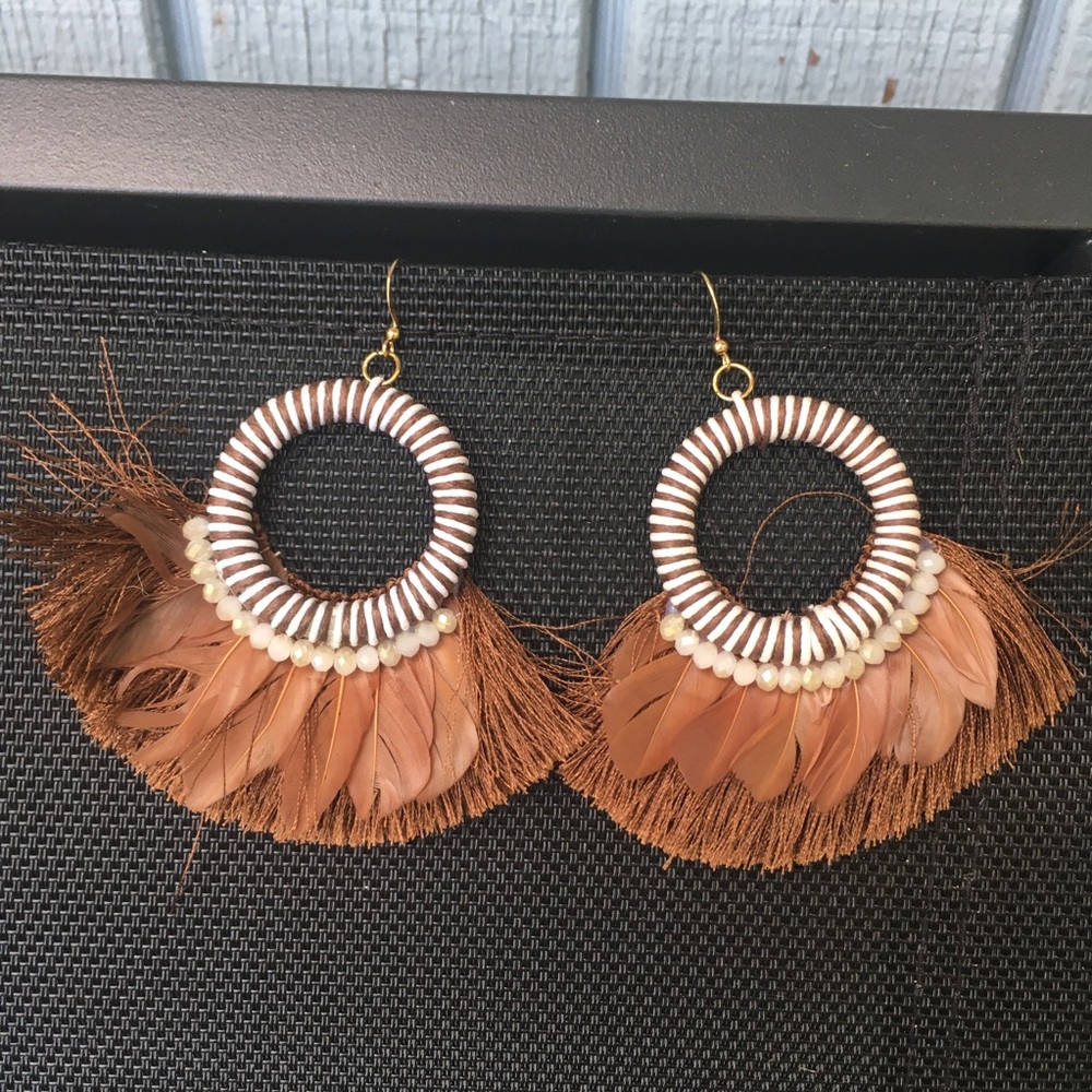 Brown & white circle feathered dangle earrings